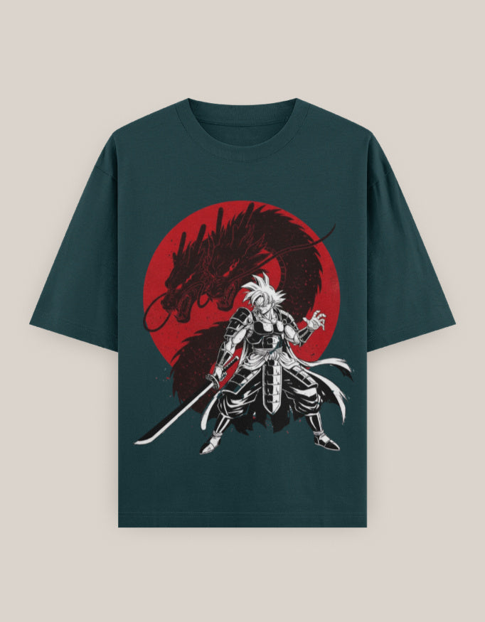 Samurai Dragon Oversized T-shirt oversized fit cotton fabric heavyweight fabric printed design detail view by HAViT Apparel