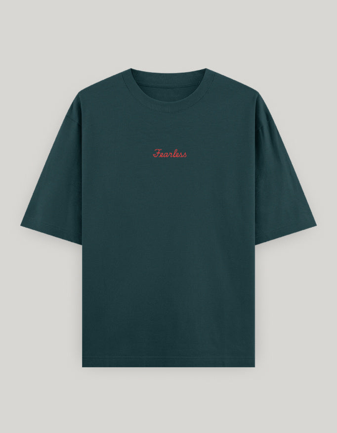 Fearless Attitude Women's Oversized Tee t-shirt oversized fit cotton fabric heavyweight fabric embroidered design detail view by HAViT Apparel