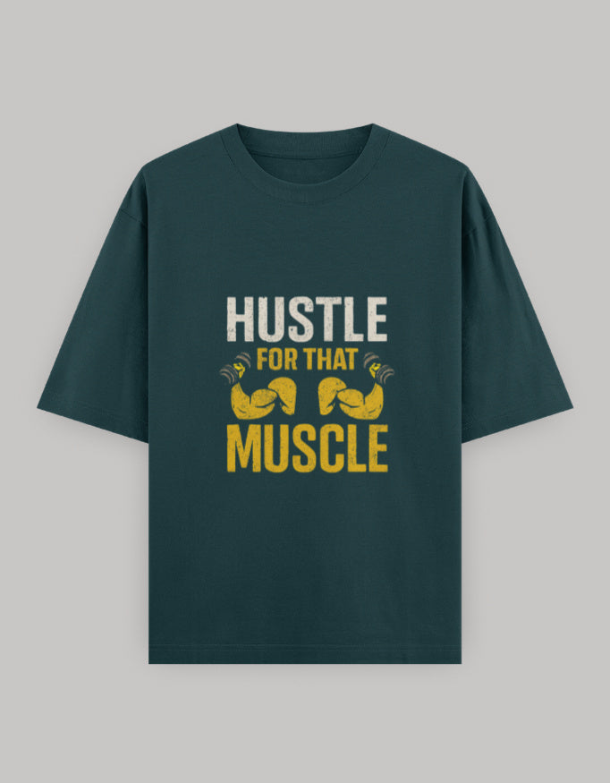 Muscle Hustle Oversize Dark Edition Tee oversized fit printed design detail view by HAViT Apparel