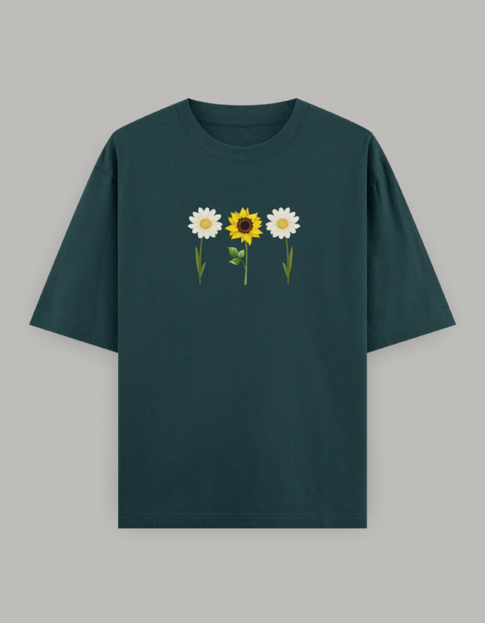 Sunny Daisy Floral Oversized Tee t-shirt oversized fit cotton fabric heavyweight fabric printed design detail view by HAViT Apparel
