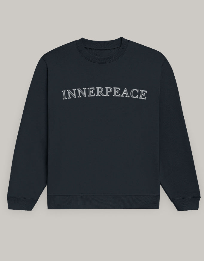 Men’s Inner Peace Graphic Sweatshirt – Clean Typography sweatshirt regular fit cotton fabric heavyweight fabric graphic print printed design detail view by HAViT Apparel