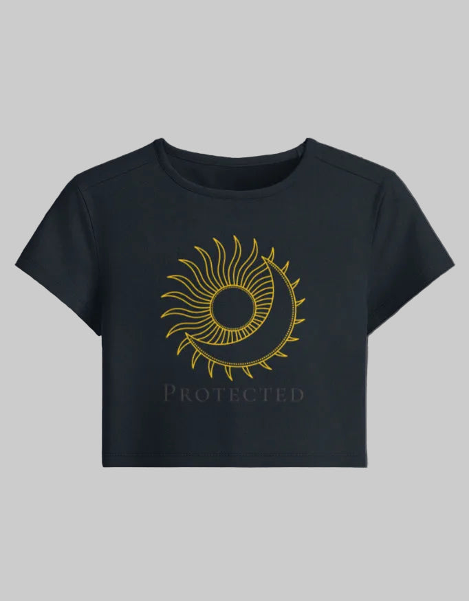 Celestial Guardian Baby Tee cotton fabric heavyweight fabric detail view by HAViT Apparel