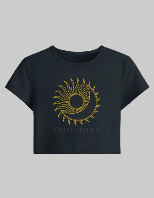 Celestial Guardian Baby Tee cotton fabric heavyweight fabric detail view by HAViT Apparel