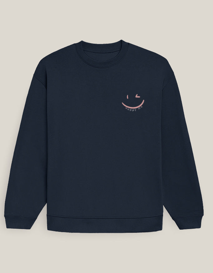 Happy Me Sweatshirt-Blackout Edition sweatshirt oversized fit cotton fabric heavyweight fabric printed design detail view by HAViT Apparel