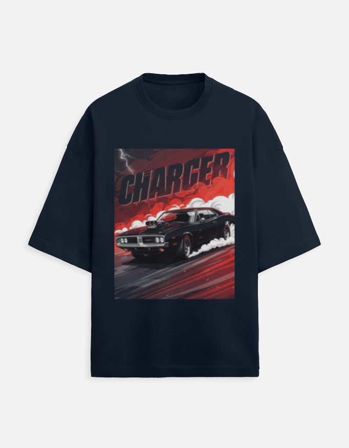 Crimson Charger Drift Oversized Terry Tshirt oversized fit cotton fabric heavyweight fabric graphic print printed design detail view by HAViT Apparel