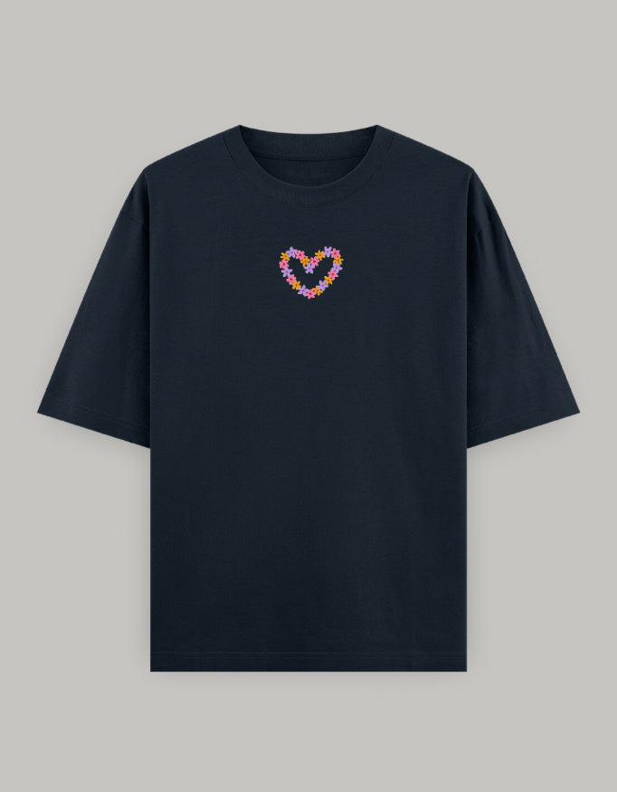 Floral Heart Statement Oversized T-Shirt t-shirt oversized fit cotton fabric heavyweight fabric embroidered design detail view by HAViT Apparel