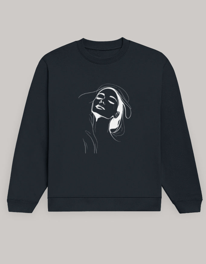 Women’s Regular Fit Sweatshirt with Elegant Outline Face Print sweatshirt regular fit cotton fabric heavyweight fabric graphic print detail view by HAViT Apparel