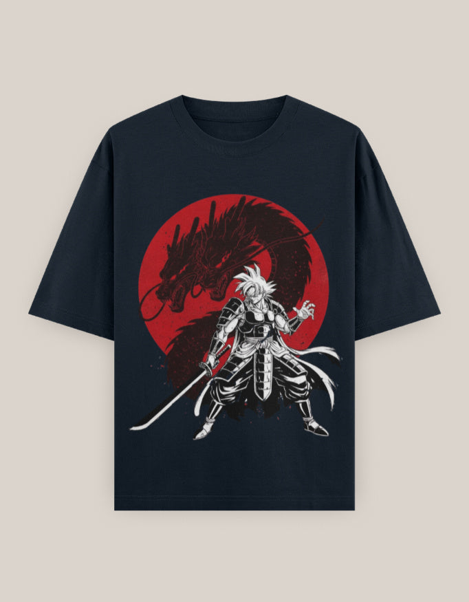 Samurai Dragon Oversized T-shirt oversized fit cotton fabric heavyweight fabric printed design detail view by HAViT Apparel