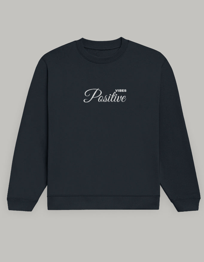 Positive Vibes Unisex Sweatshirt – Minimal Feel-Good Edition sweatshirt regular fit cotton fabric heavyweight fabric printed design detail view by HAViT Apparel