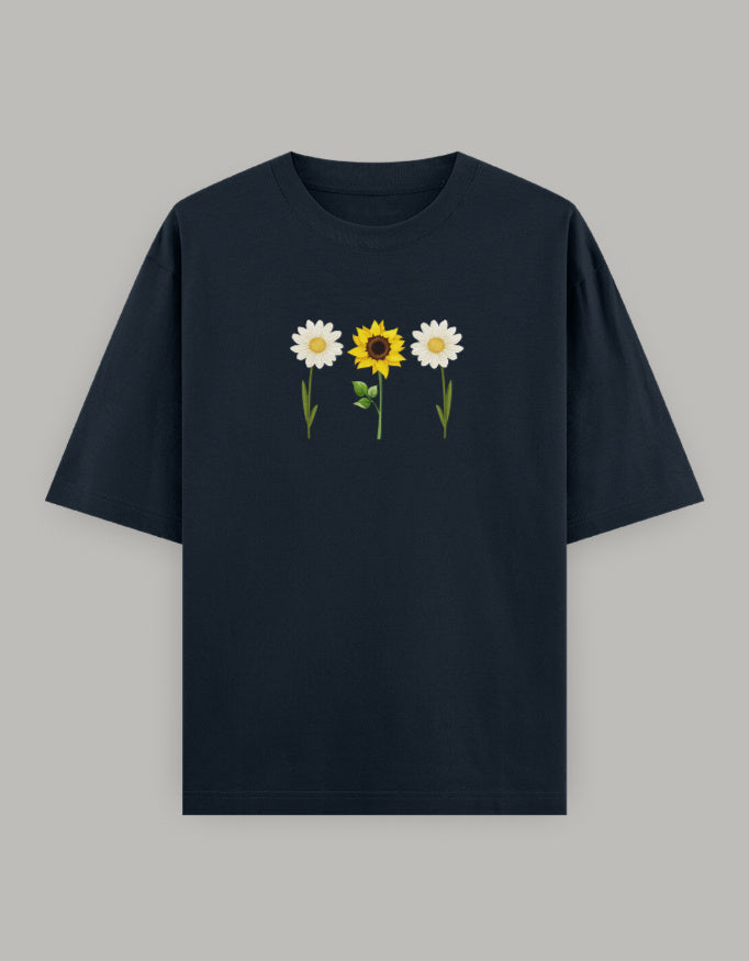 Sunny Daisy Floral Oversized Tee t-shirt oversized fit cotton fabric heavyweight fabric printed design detail view by HAViT Apparel