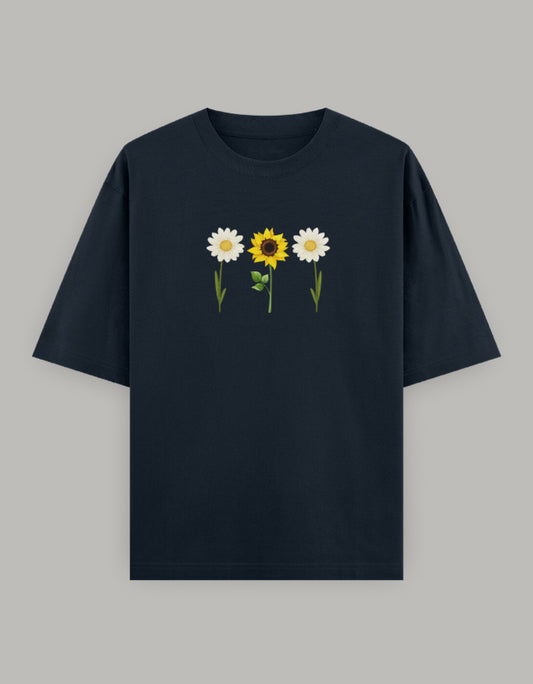 Sunny Daisy Floral Oversized Tee t-shirt oversized fit cotton fabric heavyweight fabric printed design detail view by HAViT Apparel