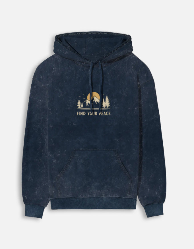 Find Your Peace- Acid Washed Hoodie hoodie oversized fit acid washed cotton fabric heavyweight fabric graphic print printed design detail view by HAViT Apparel