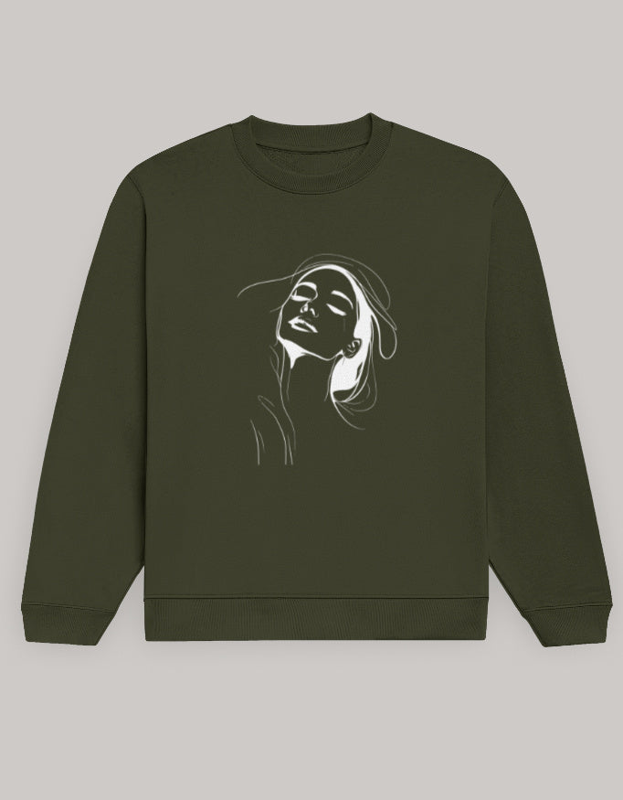 Women’s Regular Fit Sweatshirt with Elegant Outline Face Print sweatshirt regular fit cotton fabric heavyweight fabric graphic print detail view by HAViT Apparel