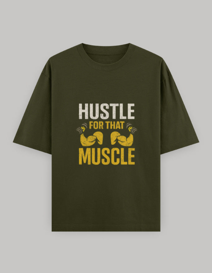 Muscle Hustle Oversize Dark Edition Tee oversized fit printed design detail view by HAViT Apparel