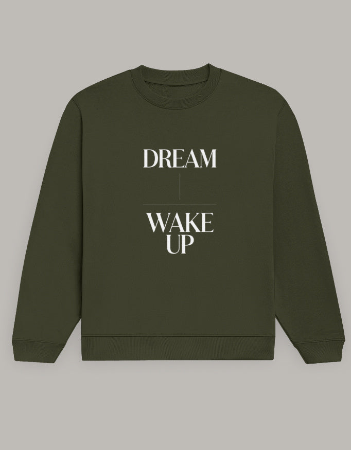 Dream Wakeup Sweatshirt – Minimal Motivation Edition sweatshirt regular fit cotton fabric heavyweight fabric printed design detail view by HAViT Apparel
