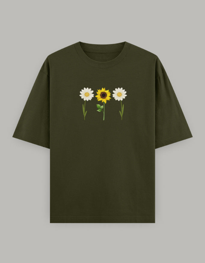 Sunny Daisy Floral Oversized Tee t-shirt oversized fit cotton fabric heavyweight fabric printed design detail view by HAViT Apparel