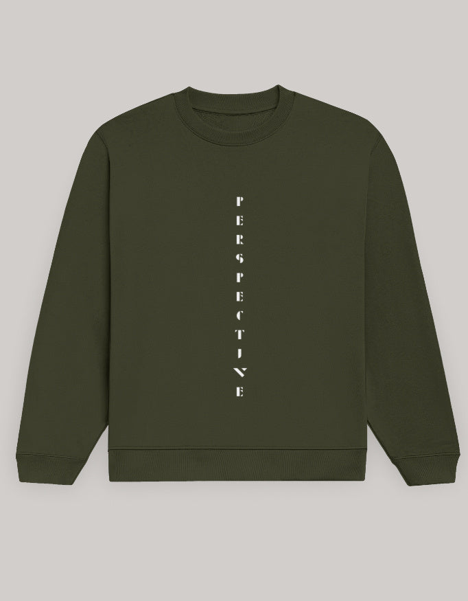 Men’s Regular Fit Sweatshirt – Perspective Text Graphic sweatshirt regular fit cotton fabric heavyweight fabric printed design detail view by HAViT Apparel