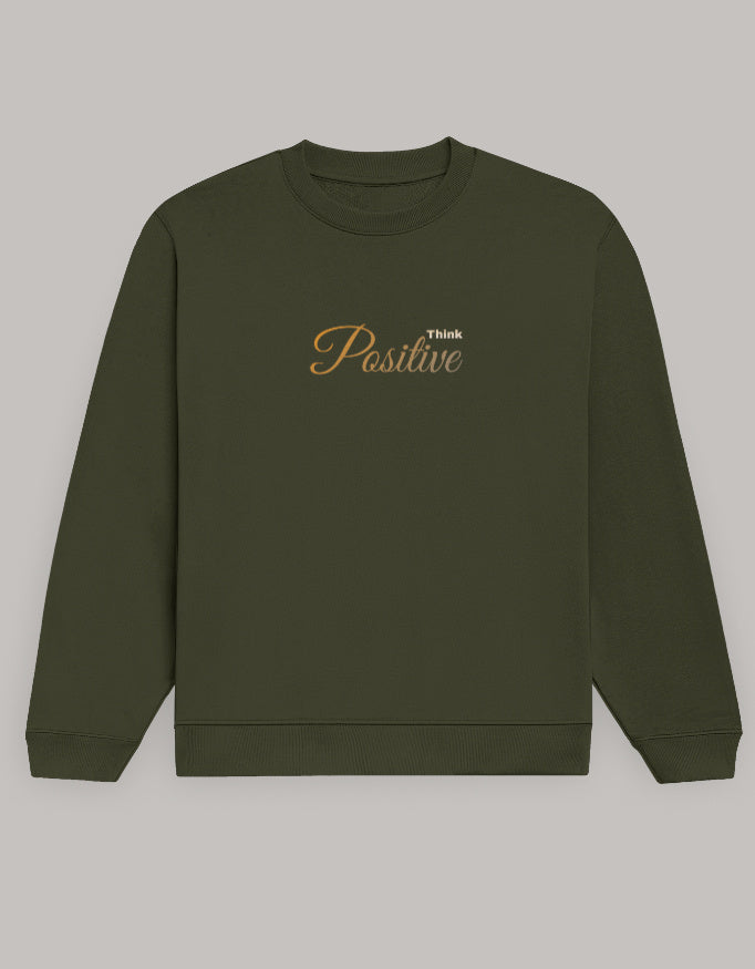 Think Positive Sweatshirt – Minimal Motivation Edition sweatshirt regular fit cotton fabric heavyweight fabric printed design detail view by HAViT Apparel