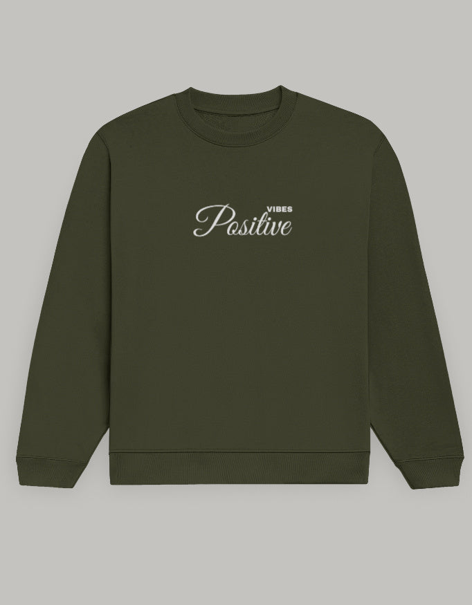Positive Vibes Unisex Sweatshirt – Minimal Feel-Good Edition sweatshirt regular fit cotton fabric heavyweight fabric printed design detail view by HAViT Apparel