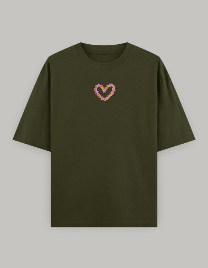 Floral Heart Statement Oversized T-Shirt t-shirt oversized fit cotton fabric heavyweight fabric embroidered design detail view by HAViT Apparel