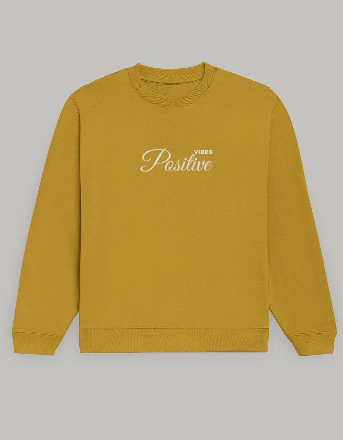Positive Vibes Unisex Sweatshirt – Minimal Feel-Good Edition sweatshirt regular fit cotton fabric heavyweight fabric printed design detail view by HAViT Apparel