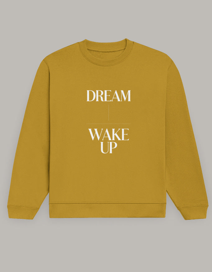 Dream Wakeup Sweatshirt – Minimal Motivation Edition sweatshirt regular fit cotton fabric heavyweight fabric printed design detail view by HAViT Apparel