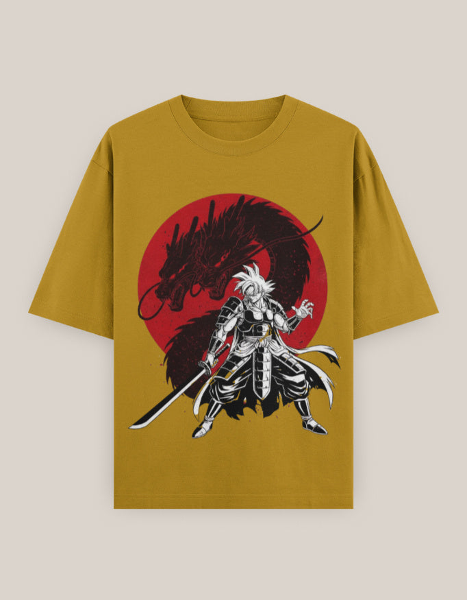 Samurai Dragon Oversized T-shirt oversized fit cotton fabric heavyweight fabric printed design detail view by HAViT Apparel
