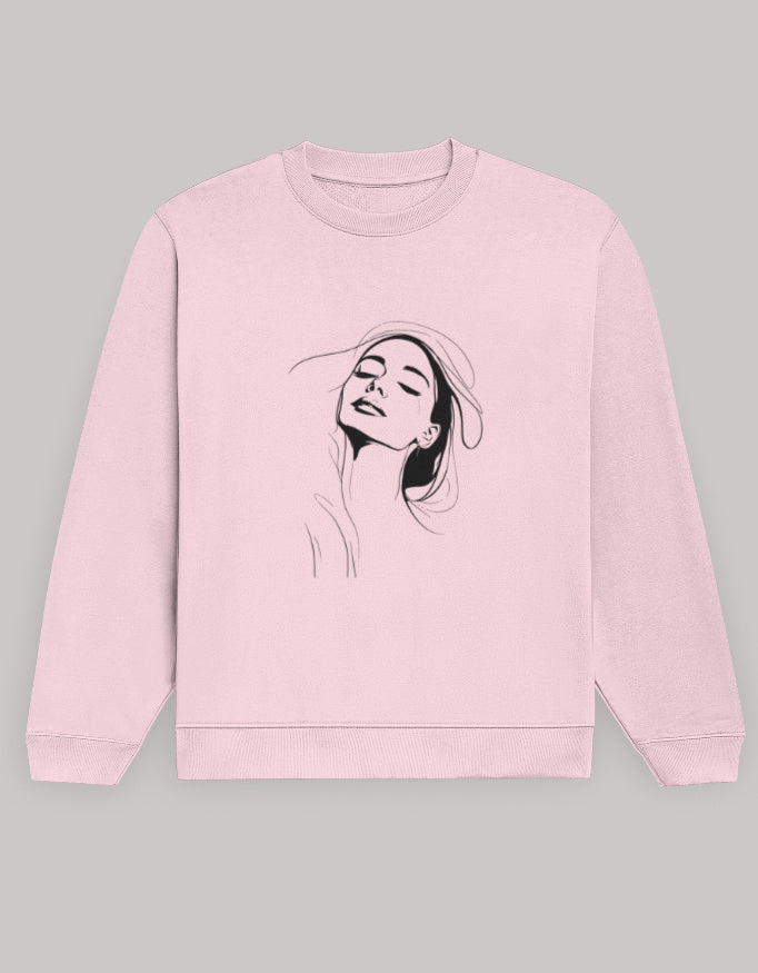 Women’s Regular Fit Sweatshirt with Elegant Outline Face Print-Dark Edition sweatshirt regular fit cotton fabric heavyweight fabric graphic print detail view by HAViT Apparel