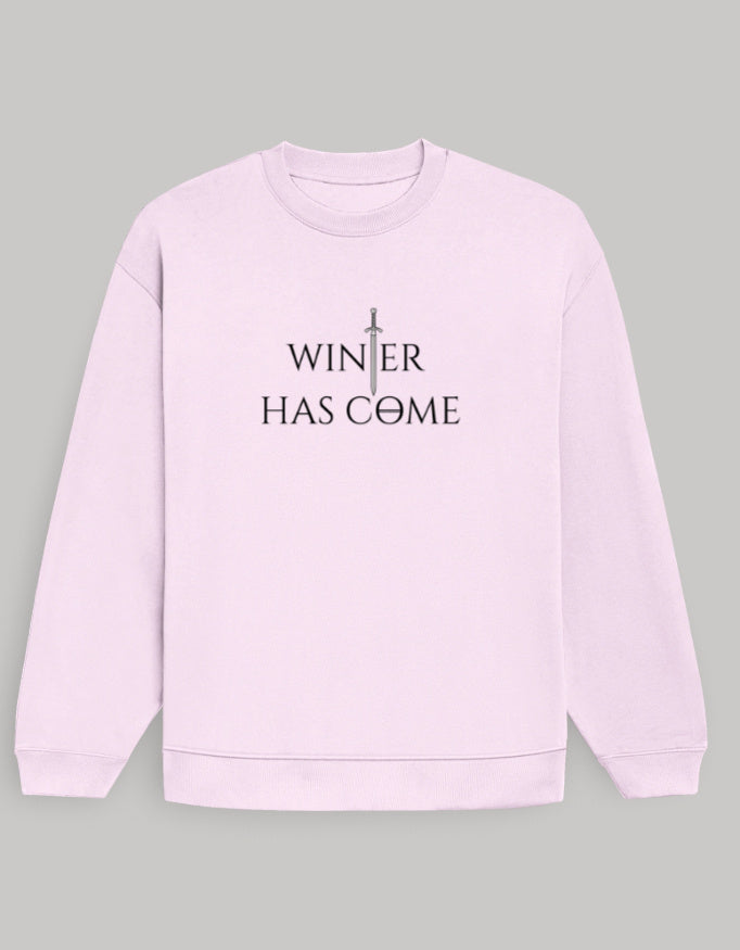 Winter Has Come Women's Oversized Sweatshirt – Cool Winter Dark Edition Graphic sweatshirt oversized fit cotton fabric heavyweight fabric graphic print printed design detail view by HAViT Apparel