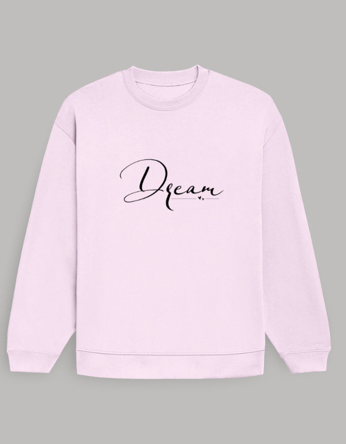Minimal Oversized Women’s Sweatshirt – Dream Graphic Dark Edition sweatshirt oversized fit cotton fabric heavyweight fabric graphic print printed design detail view by HAViT Apparel