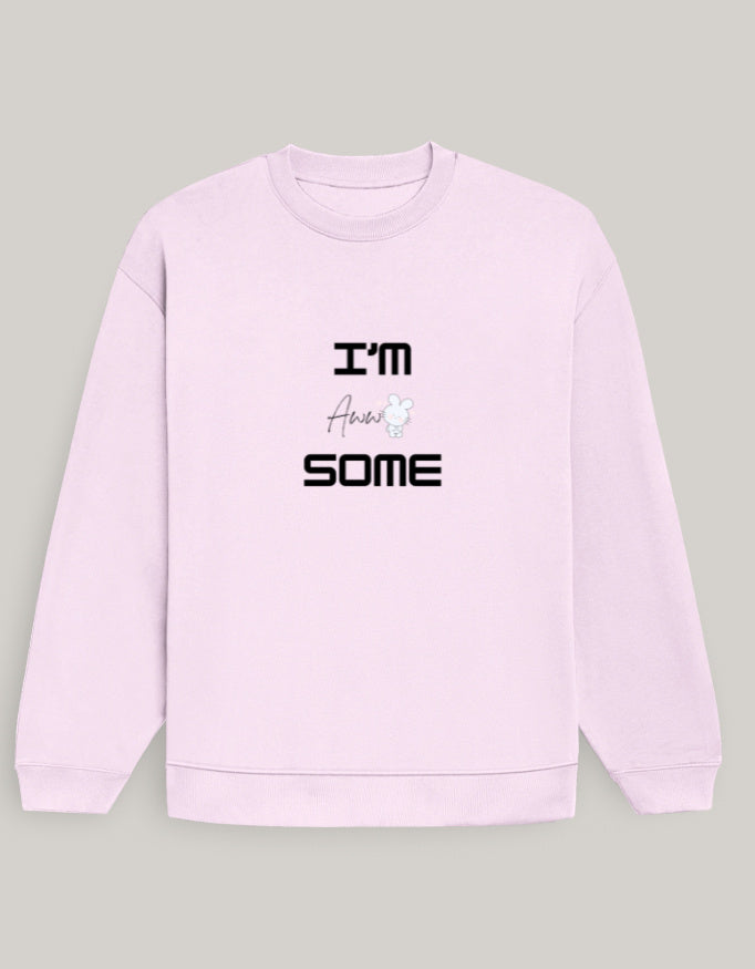 Cute Oversized Women’s Sweatshirt – I Am Aww-Some Dark Edition sweatshirt oversized fit cotton fabric heavyweight fabric graphic print printed design detail view by HAViT Apparel
