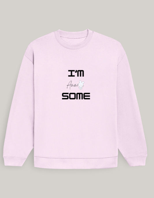 Cute Oversized Women’s Sweatshirt – I Am Aww-Some Dark Edition sweatshirt oversized fit cotton fabric heavyweight fabric graphic print printed design detail view by HAViT Apparel