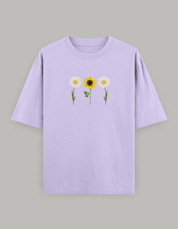 Sunny Daisy Floral Oversized Tee t-shirt oversized fit cotton fabric heavyweight fabric printed design detail view by HAViT Apparel
