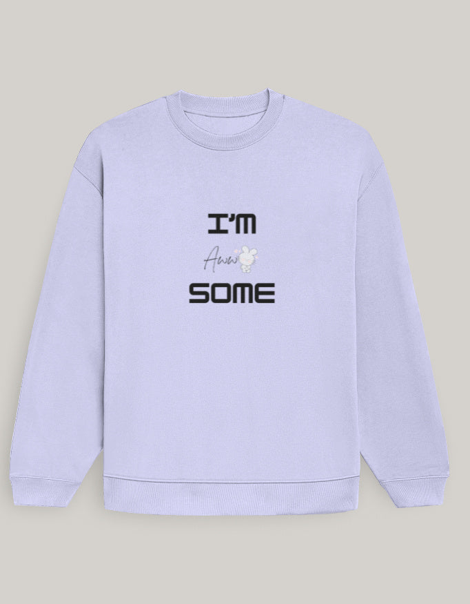 Cute Oversized Women’s Sweatshirt – I Am Aww-Some Dark Edition sweatshirt oversized fit cotton fabric heavyweight fabric graphic print printed design detail view by HAViT Apparel