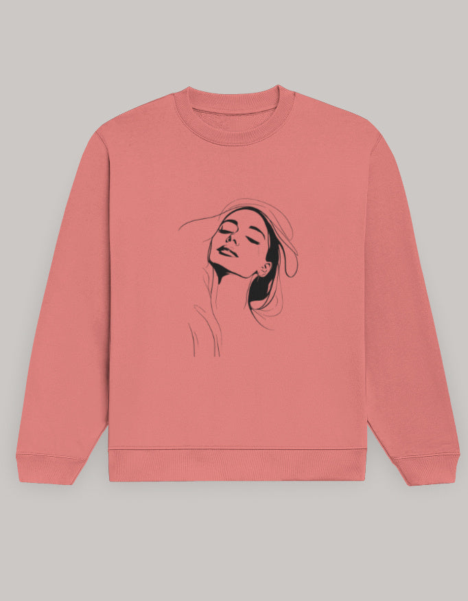 Women’s Regular Fit Sweatshirt with Elegant Outline Face Print-Dark Edition sweatshirt regular fit cotton fabric heavyweight fabric graphic print detail view by HAViT Apparel