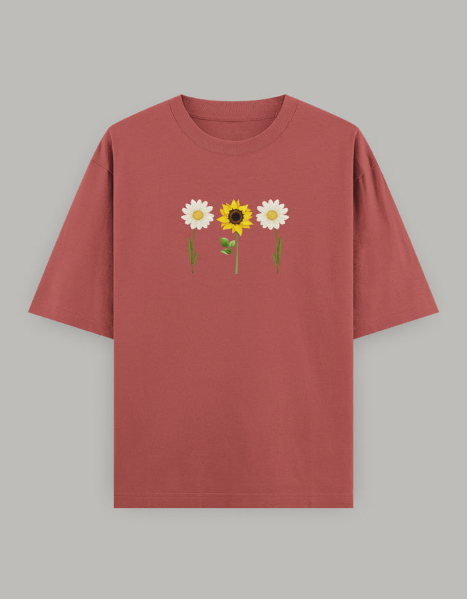 Sunny Daisy Floral Oversized Tee t-shirt oversized fit cotton fabric heavyweight fabric printed design detail view by HAViT Apparel