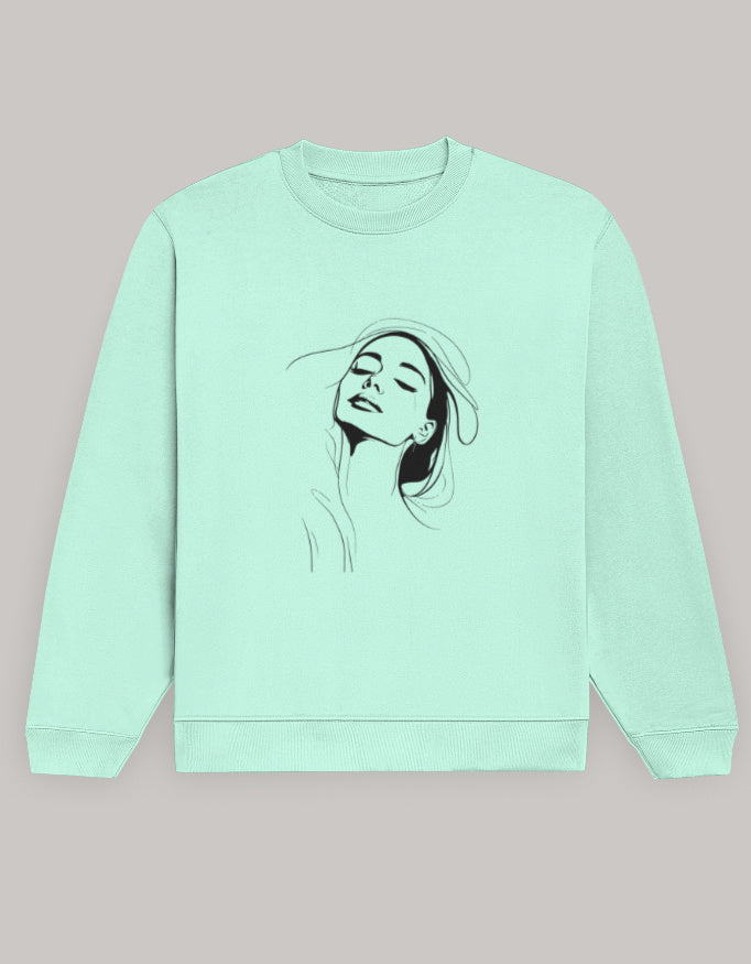 Women’s Regular Fit Sweatshirt with Elegant Outline Face Print-Dark Edition sweatshirt regular fit cotton fabric heavyweight fabric graphic print detail view by HAViT Apparel
