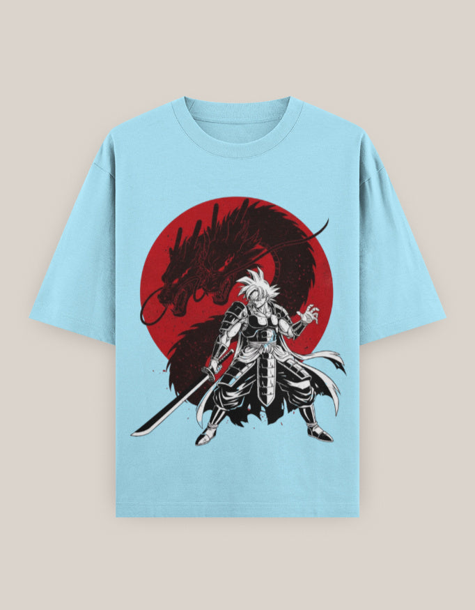 Samurai Dragon Oversized T-shirt oversized fit cotton fabric heavyweight fabric printed design detail view by HAViT Apparel