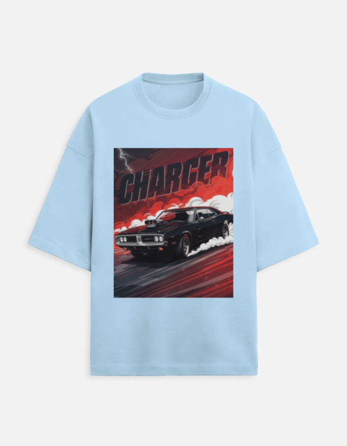 Crimson Charger Drift Oversized Terry Tshirt oversized fit cotton fabric heavyweight fabric graphic print printed design detail view by HAViT Apparel