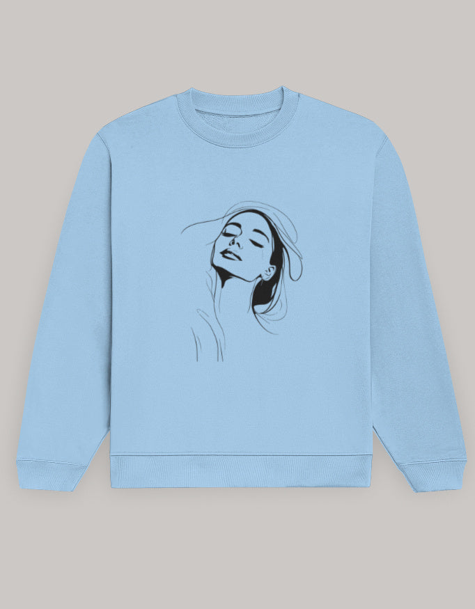 Women’s Regular Fit Sweatshirt with Elegant Outline Face Print-Dark Edition sweatshirt regular fit cotton fabric heavyweight fabric graphic print detail view by HAViT Apparel