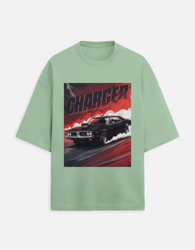 Crimson Charger Drift Oversized Terry Tshirt oversized fit cotton fabric heavyweight fabric graphic print printed design detail view by HAViT Apparel