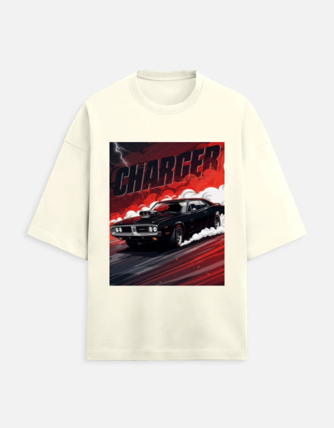 Crimson Charger Drift Oversized Terry Tshirt oversized fit cotton fabric heavyweight fabric graphic print printed design detail view by HAViT Apparel