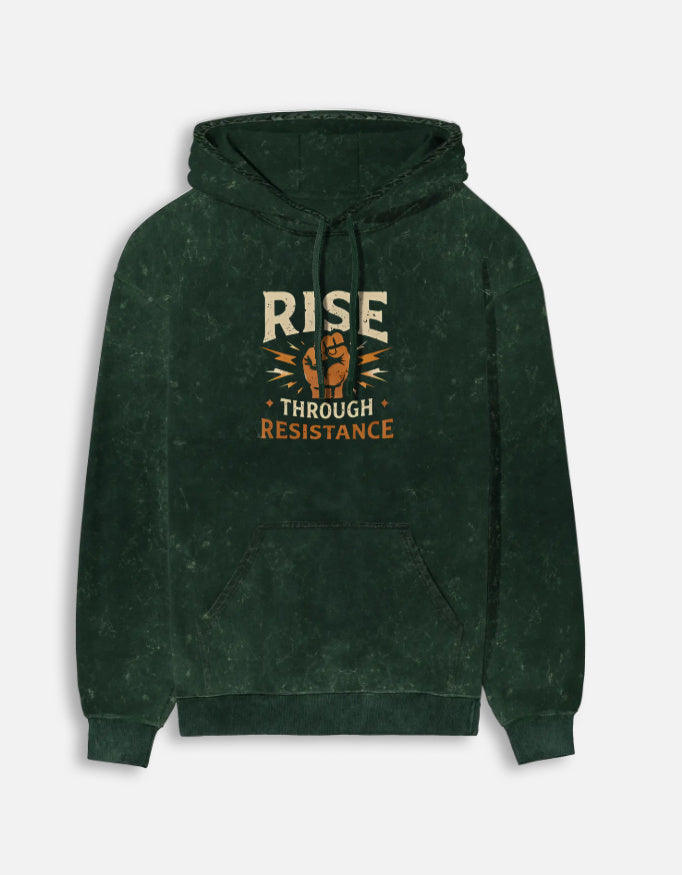 Rise Through Resistance- Acid Washed Hoodie hoodie oversized fit acid washed cotton fabric heavyweight fabric detail view by HAViT Apparel