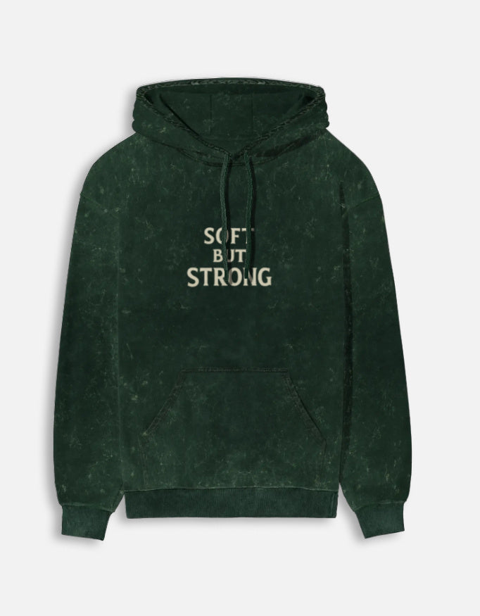 Soft But Strong- Acid Washed Hoodie hoodie oversized fit acid washed cotton fabric heavyweight fabric printed design detail view by HAViT Apparel