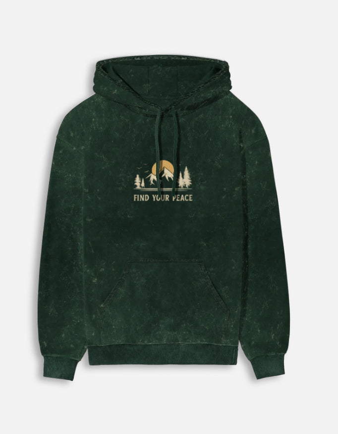 Find Your Peace- Acid Washed Hoodie hoodie oversized fit acid washed cotton fabric heavyweight fabric graphic print printed design detail view by HAViT Apparel
