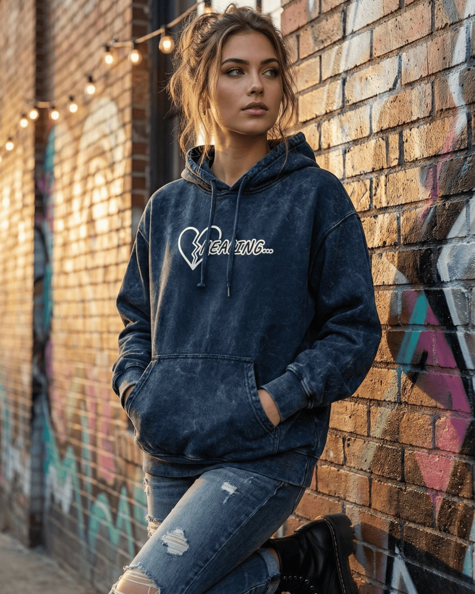 Healing- Women's Acid Wash Heavy Hoodie hoodie oversized fit acid washed heavyweight fabric detail view by HAViT Apparel