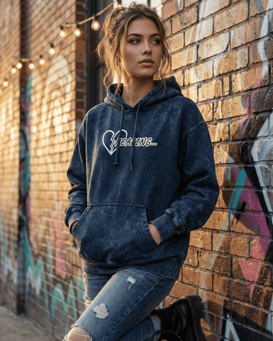Healing- Women's Acid Wash Heavy Hoodie hoodie oversized fit acid washed heavyweight fabric detail view by HAViT Apparel