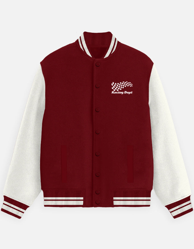 Motorsport Crew Varsity Jacket – Street Racer jacket cotton fabric heavyweight fabric graphic print detail view by HAViT Apparel