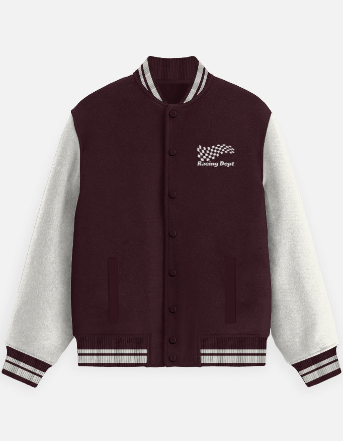 Motorsport Crew Varsity Jacket – Street Racer jacket cotton fabric heavyweight fabric graphic print detail view by HAViT Apparel