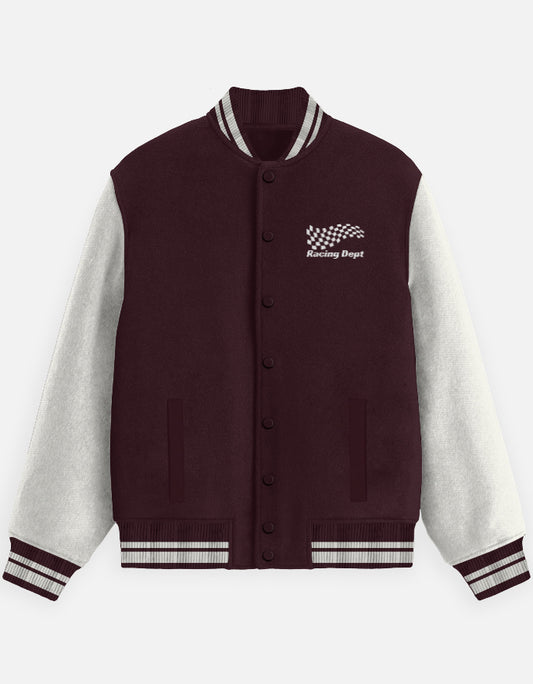 Motorsport Crew Varsity Jacket – Street Racer jacket cotton fabric heavyweight fabric graphic print detail view by HAViT Apparel